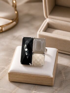 Size 6 Black Onyx Statement 925 Sterling Rectangular Ring